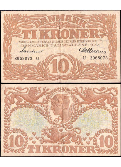 DANIMARCA 10 Kroner 1943 Serie U Conservazione BB